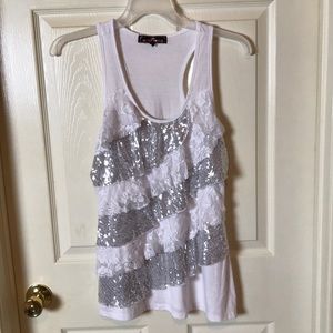 Almost Famous Sequin and Lace Racerback Tank Top White with Silver